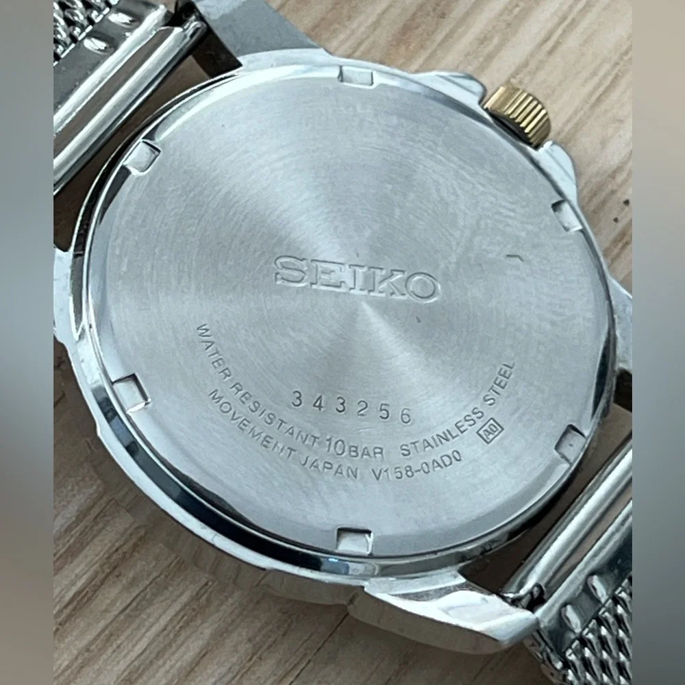 Seiko Solar Men’s Watch Black Dial New Stainless Weave Bracelet Day Date Windows